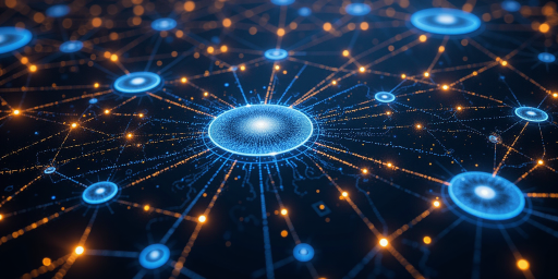 全球节点分布示意图，显示多个连接点和网络线路，蓝色背景，科技感设计