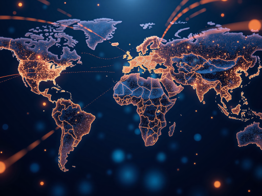 归舟加速器产品界面展示，显示连接状态和全球节点分布，深色主题设计，包含地球连线动画效果